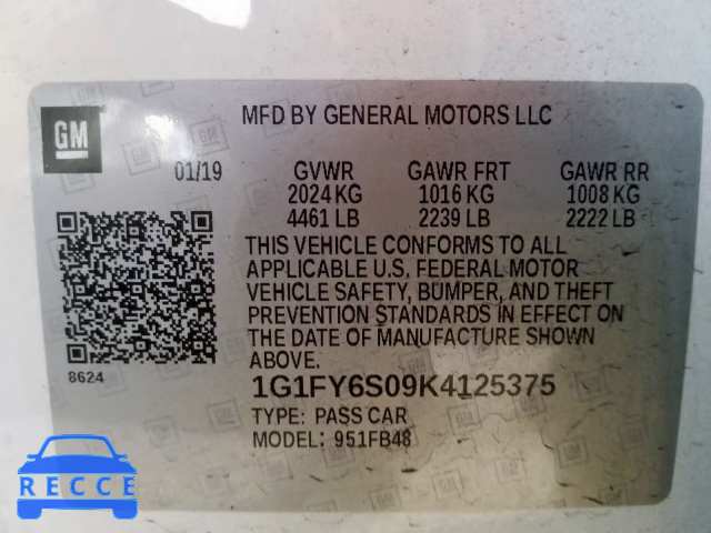 2019 CHEVROLET BOLT EV LT 1G1FY6S09K4125375 зображення 9