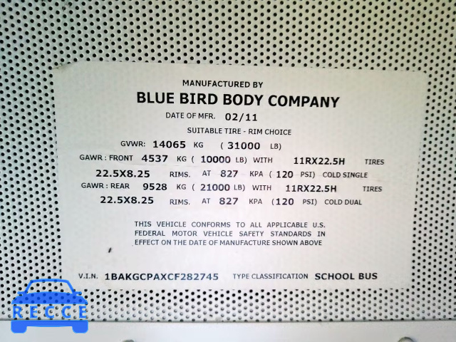 2012 BLUE BIRD SCHOOL BUS 1BAKGCPAXCF282745 зображення 9