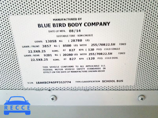 2015 BLUE BIRD SCHOOL BUS 1BAKBCPA5FF313774 image 9