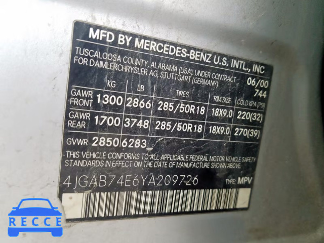 2000 MERCEDES-BENZ ML 55 4JGAB74E6YA209726 image 9