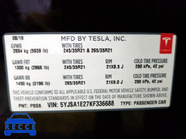 2019 TESLA MODEL S 5YJSA1E27KF336688 Bild 9