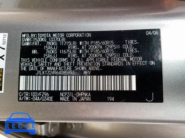 2006 TOYOTA XB JTLKT324964085993 зображення 9