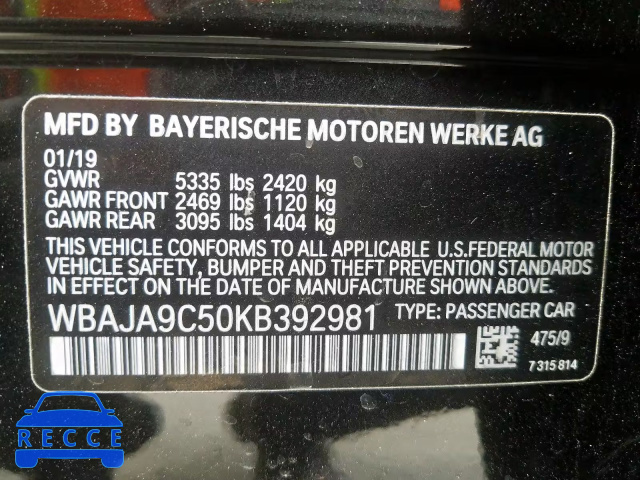 2019 BMW 530E WBAJA9C50KB392981 зображення 9