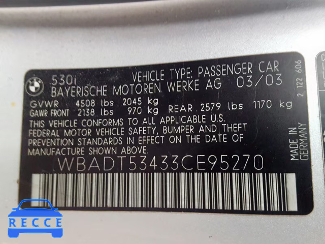 2003 BMW 530 I WBADT53433CE95270 image 9