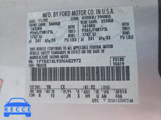 2003 FORD 150 1FTRX18L93NA82972 image 9