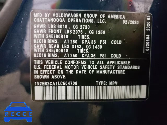 2020 VOLKSWAGEN ATLAS 1V2GR2CA1LC504708 image 9