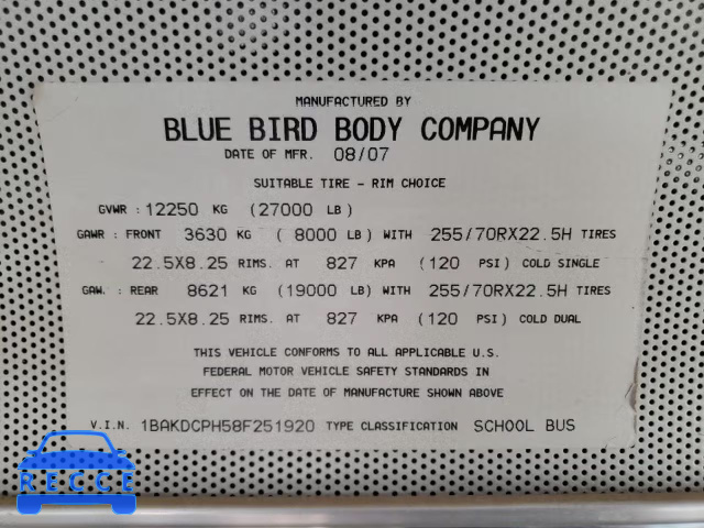 2008 BLUE BIRD SCHOOL BUS 1BAKDCPH58F251920 image 9