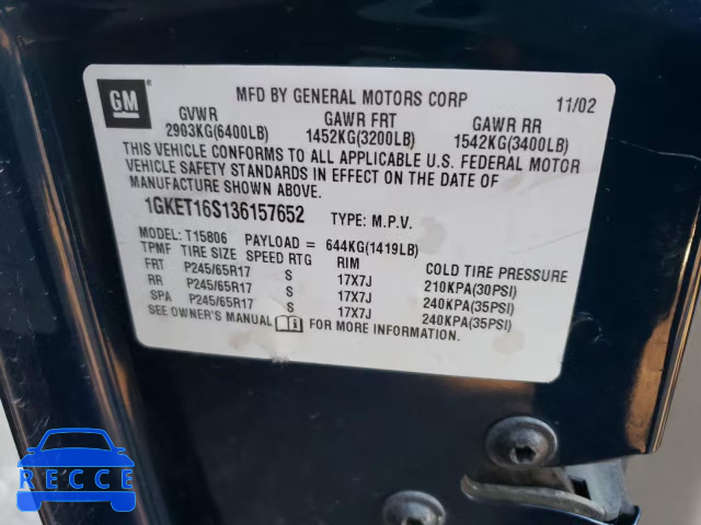 2003 GMC ENVOY SLT 1GKET16S136157652 image 9