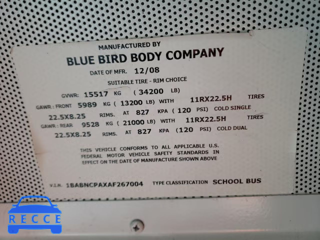 2010 BLUE BIRD SCHOOL BUS 1BABNCPAXAF267004 зображення 9