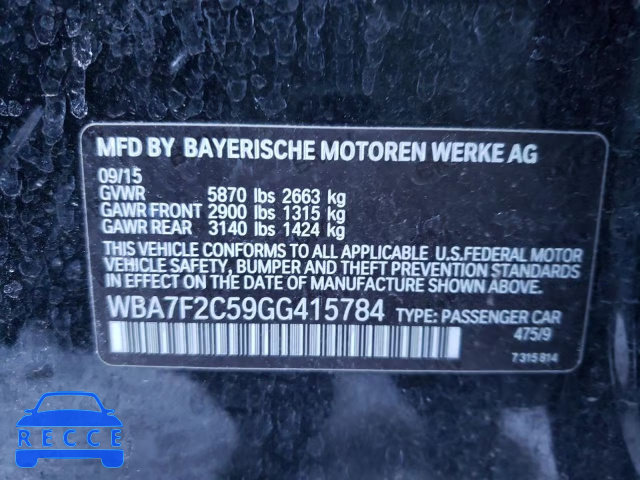 2016 BMW 750I XDRIV WBA7F2C59GG415784 зображення 9