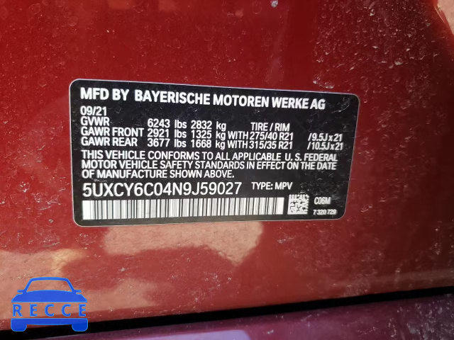 2022 BMW X6 XDRIVE4 5UXCY6C04N9J59027 image 9