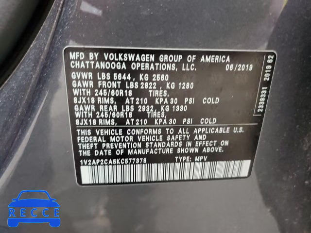 2019 VOLKSWAGEN ATLAS S 1V2AP2CA5KC577378 image 12