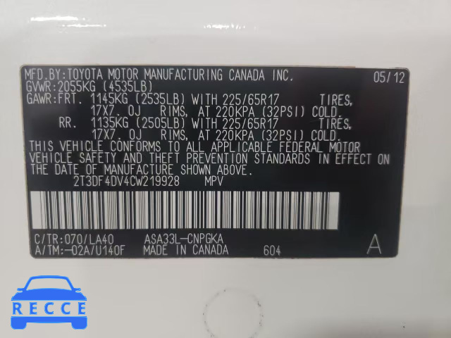 2012 TOYOTA RAV 4 2T3DF4DV4CW219928 image 9