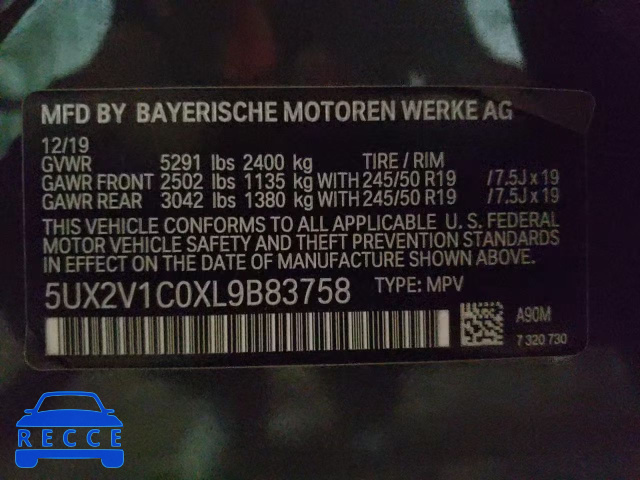2020 BMW X4 XDRIVE3 5UX2V1C0XL9B83758 image 9