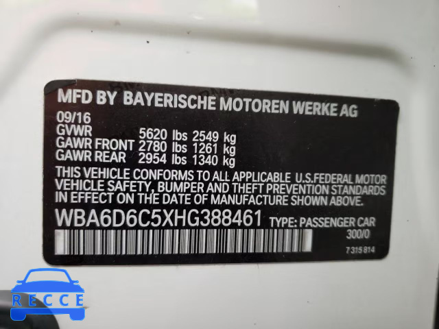 2017 BMW 650XI GRAN WBA6D6C5XHG388461 зображення 9