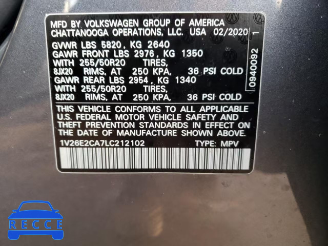 2020 VOLKSWAGEN ATLAS 1V26E2CA7LC212102 image 9
