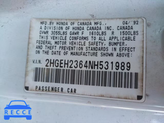 1992 HONDA CIVIC VX 2HGEH2364NH531989 image 9