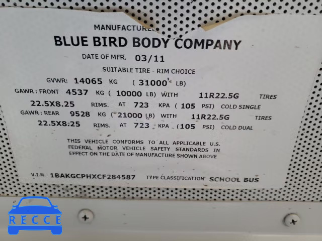 2012 BLUE BIRD SCHOOL BUS 1BAKGCPHXCF284587 зображення 11