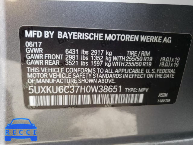 2017 BMW X6 XDRIVE5 5UXKU6C37H0W38651 image 9