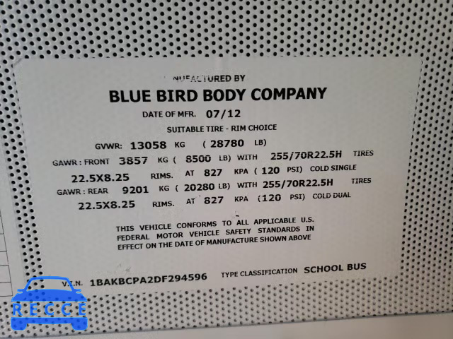 2013 BLUE BIRD SCHOOL BUS 1BAKBCPA2DF294596 Bild 11