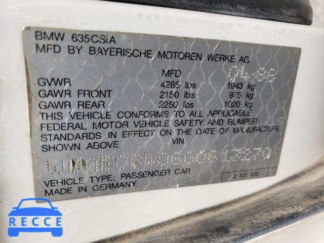 1986 BMW 635 CSI AU WBAEC8406G0613270 зображення 9
