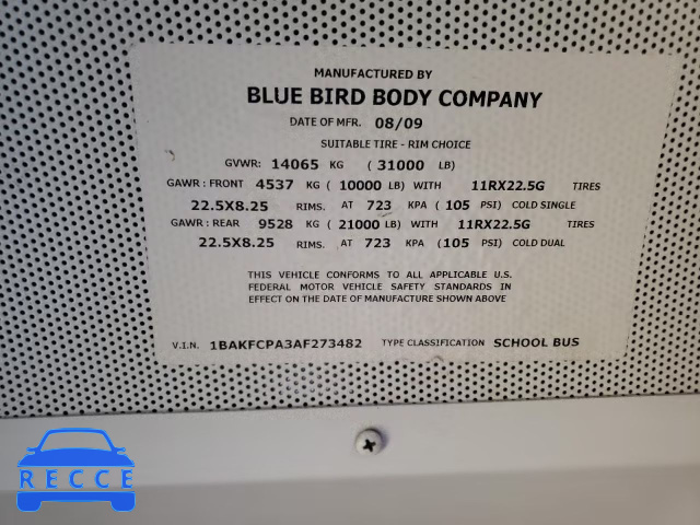 2010 BLUE BIRD SCHOOL BUS 1BAKFCPA3AF273482 Bild 9