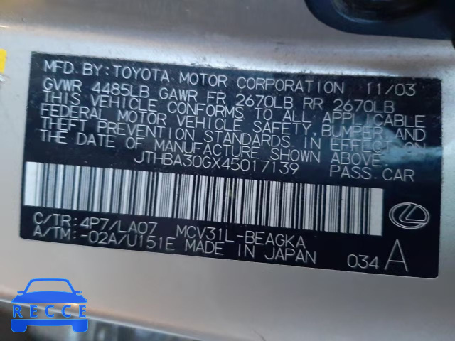 2004 LEXUS ES330 JTHBA30GX45017139 image 9