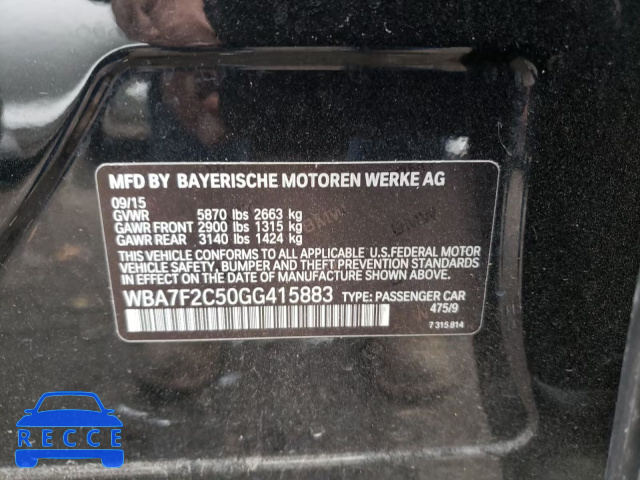 2016 BMW 750I XDRIV WBA7F2C50GG415883 зображення 9