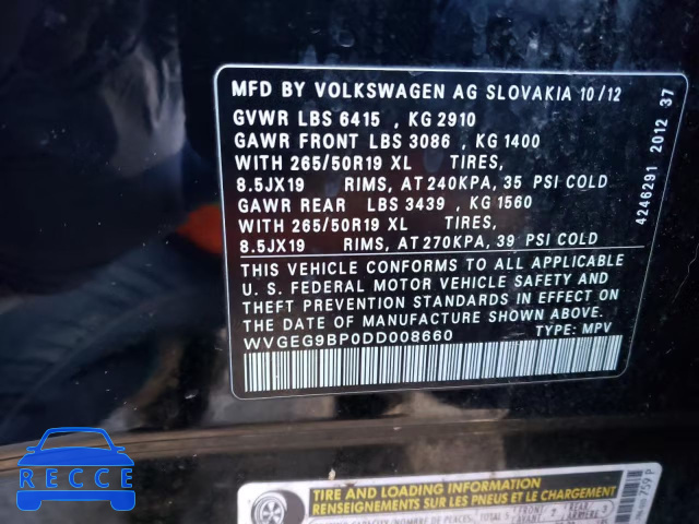 2013 VOLKSWAGEN TOUAREG HY WVGEG9BP0DD008660 image 9