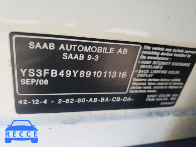 2009 SAAB 9 3 YS3FB49Y891011316 зображення 9