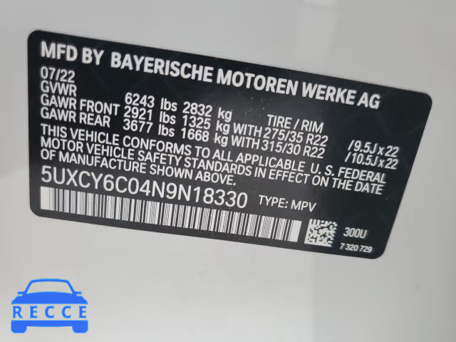 2022 BMW X6 XDRIVE4 5UXCY6C04N9N18330 image 12