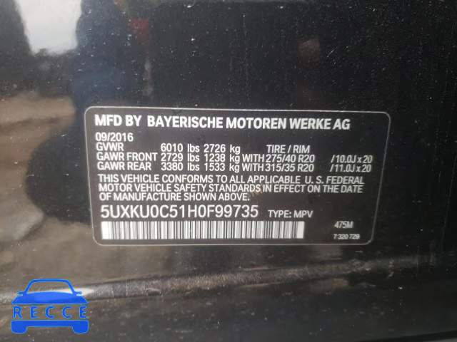 2017 BMW X6 SDRIVE3 5UXKU0C51H0F99735 image 9