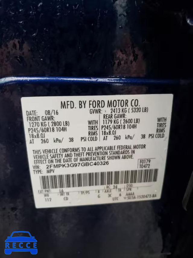 2016 FORD 100 CLB WG 2FMPK3G97GBC40326 image 12