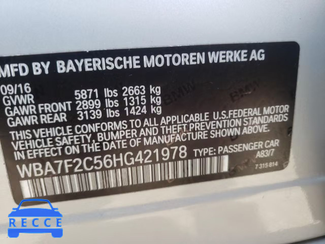 2017 BMW 750 XI WBA7F2C56HG421978 зображення 9