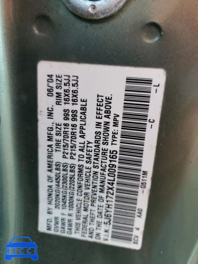 2004 HONDA ELEMENT DX 5J6YH172X4L009165 image 12