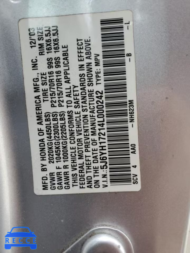 2004 HONDA ELEMENT DX 5J6YH17214L000242 image 12