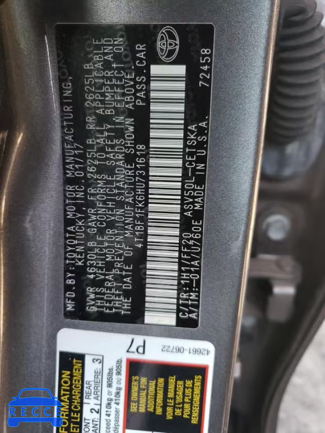 2017 TOYOTA CAMRY LE/X 4T1BF1FK6HU731618 image 11