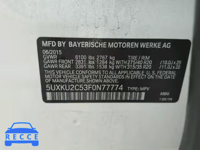 2015 BMW X6 XDRIVE3 5UXKU2C53F0N77774 image 9
