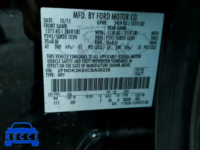 2012 FORD EDGE LIMIT 2FMDK3K93CBA36238 зображення 9