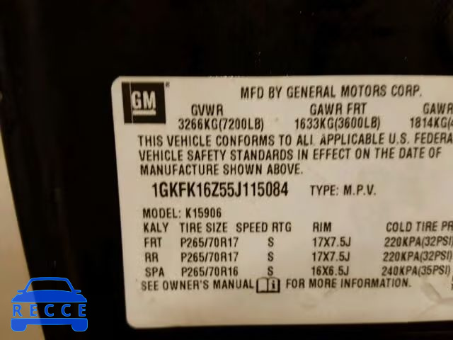 2005 GMC YUKON XL K 1GKFK16Z55J115084 image 9