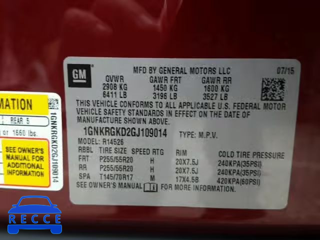 2016 CHEVROLET TRAVERSE L 1GNKRGKD2GJ109014 image 9