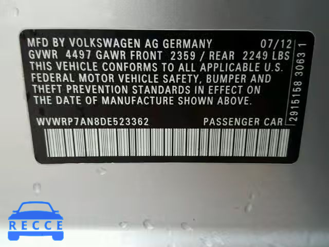 2013 VOLKSWAGEN CC LUXURY WVWRP7AN8DE523362 зображення 9