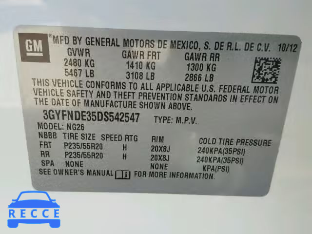 2013 CADILLAC SRX PERFOR 3GYFNDE35DS542547 зображення 8