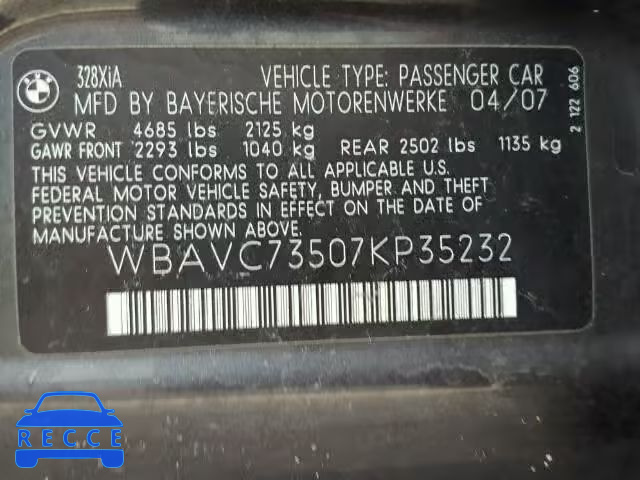 2007 BMW 328XI SULE WBAVC73507KP35232 image 9