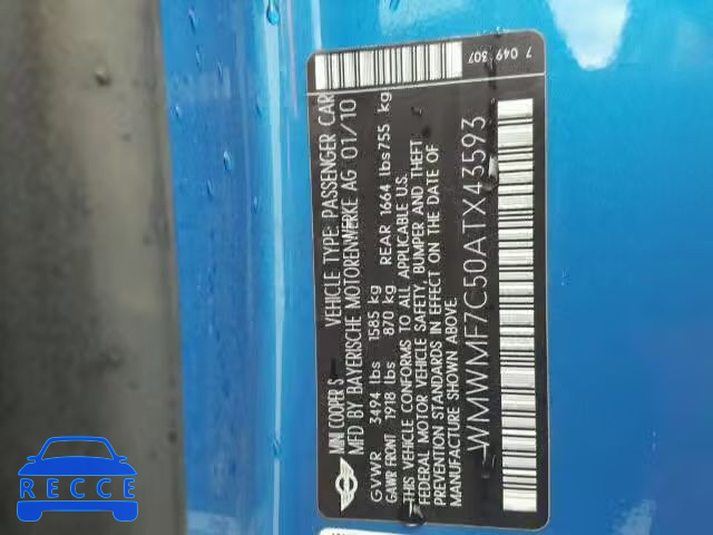 2010 MINI COOPER S WMWMF7C50ATX43593 image 9