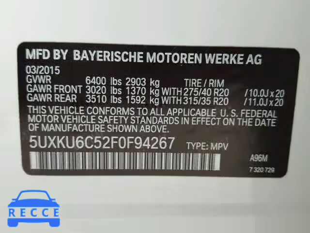 2015 BMW X6 XDRIVE5 5UXKU6C52F0F94267 зображення 9