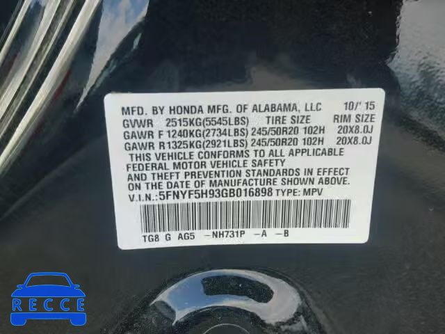 2016 HONDA PILOT TOUR 5FNYF5H93GB016898 image 9