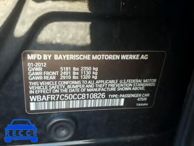 2012 BMW 535I WBAFR7C50CC810826 зображення 9