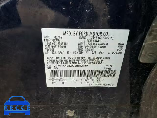 2016 FORD EDGE SEL A 2FMPK4J8XGBB52165 image 9