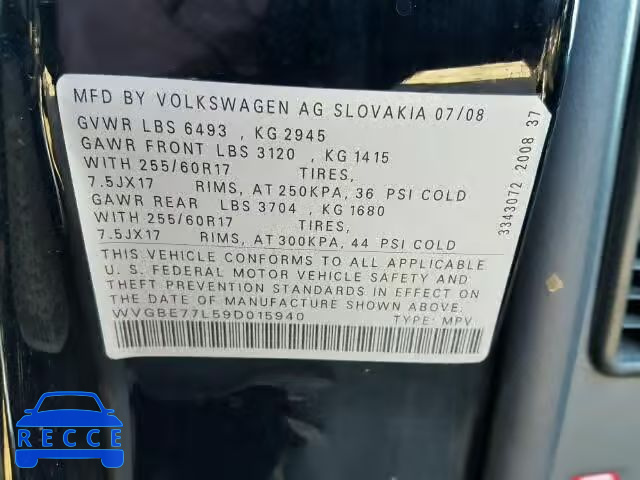 2009 VOLKSWAGEN TOUAREG 2 WVGBE77L59D015940 image 9